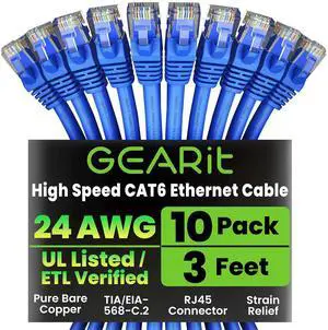 GearIT Cat 6 Ethernet Cable Pack - 10-Pack 3 ft Cat6 Ethernet Patch Cables | RJ45 Network Patch Cable, 10 Gbps Snagless Gold-Plated Connectors - Ethernet Cable Cat 6 for PC, TV, Router - Blue