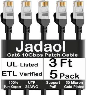 Jadaol Cat6 Ethernet Patch Cables 3ft 5-Pack, 10Gbps 24AWG Pure Copper RJ45 Cat6a Patch Cable, Support Cat8/7 Network, Outdoor&Indoor Rated for Patch Panel to Switch, Server, Router, Modem, PC - Black