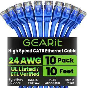 GearIT Cat 6 Ethernet Cable Pack - 10-Pack 10 ft Cat6 Ethernet Patch Cables | RJ45 Network Patch Cable, 10 Gbps Snagless Gold-Plated Connectors - Ethernet Cable Cat 6 for PC, TV, Router - Blue