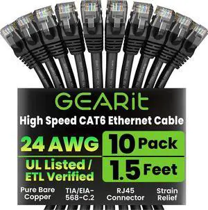 GEARit Cat 6 Ethernet Cable Pack - 10-Pack 1.5 ft Cat6 Ethernet Patch Cables | RJ45 Network Patch Cable, 10 Gbps Snagless Gold-Plated Connectors - Ethernet Cable Cat 6 for PC, TV, Router - Black