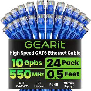 GearIT Cat 6 Ethernet Cable Pack - 24-Pack 0.5 ft Cat6 Ethernet Patch Cables | RJ45 Network Patch Cable, 10 Gbps Snagless Gold-Plated Connectors - Ethernet Cable Cat 6 for PC, TV, Router - Blue
