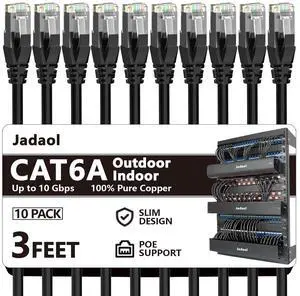 Jadaol Cat6a Ethernet Cable 3 ft 10 Pack, Slim 10G 550MHz 28AWG Patch Cable, Snagless Pure Copper Network Cable, Flexible LAN Cable for Router, Modem, Switch, Patch Panel, Data Center, Gaming, Black