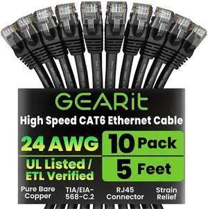 GearIT Cat 6 Ethernet Cable Pack - 10-Pack 5 ft Cat6 Ethernet Patch Cables | RJ45 Network Patch Cable, 10 Gbps Snagless Gold-Plated Connectors - Ethernet Cable Cat 6 for PC, TV, Router - Black