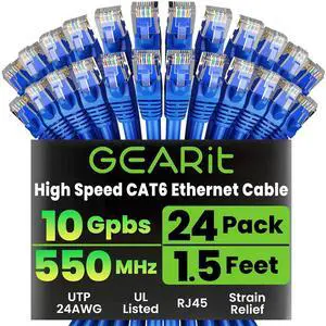 GearIT Cat 6 Ethernet Cable Pack - 24-Pack 1.5 ft Cat6 Ethernet Patch Cables | RJ45 Network Patch Cable, 10 Gbps Snagless Gold-Plated Connectors - Ethernet Cable Cat 6 for PC, TV, Router - Blue