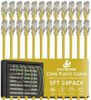 5 Feet Cat6 Patch Cables(24 Pack), Solid Pure Copper Patch Cord, Cat 6 Ethernet Cable, UTP Network, High Speed RJ45 Internet Cables, Compatible for Router, Switche, PC, Server, PS4/5, Xbox - Yellow