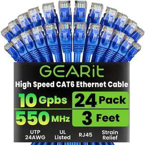 GearIT Cat 6 Ethernet Cable Pack - 24-Pack 3 ft Cat6 Ethernet Patch Cables | RJ45 Network Patch Cable, 10 Gbps Snagless Gold-Plated Connectors - Ethernet Cable Cat 6 for PC, TV, Router - Blue