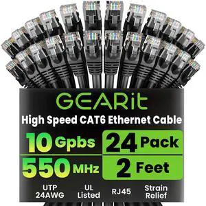 GearIT Cat 6 Ethernet Cable Pack - 24-Pack 2 ft Cat6 Ethernet Patch Cables | RJ45 Network Patch Cable, 10 Gbps Snagless Gold-Plated Connectors - Ethernet Cable Cat 6 for PC, TV, Router - Black