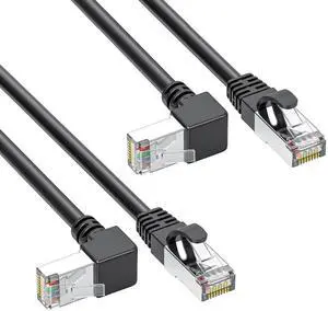 2Pack 90 Degree Cat6a Ethernet Cable Shielded 1.5ft Downward Angle, FTP-Cat6 Right Angle ethernet Patch Cable Short RJ45 Network Cable Short for 10Gpbs-Black