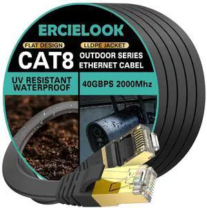 Ercielook CAT8 Ethernet Cable 100 ft High Speed, Shielded Flat Internet Cable with Clips, Weatherproof S/FTP UV Resistant for Router/Gaming/Modem - Black 30 M