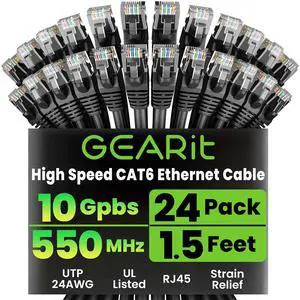 GearIT Cat 6 Ethernet Cable Pack - 24-Pack 1.5 ft Cat6 Ethernet Patch Cables | RJ45 Network Patch Cable, 10 Gbps Snagless Gold-Plated Connectors - Ethernet Cable Cat 6 for PC, TV, Router - Black