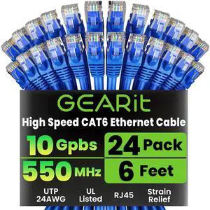 GearIT Cat 6 Ethernet Cable Pack - 24-Pack 6 ft Cat6 Ethernet Patch Cables | RJ45 Network Patch Cable, 10 Gbps Snagless Gold-Plated Connectors - Ethernet Cable Cat 6 for PC, TV, Router - Blue