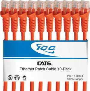 ICC CAT6 Ethernet Patch Cord 25 FT 1-Pack, UTP 24 AWG UL Listed, PoE++, 100% Stranded Copper Snagless Patch Cable for Patch Panel to Network Switch for Data Center, Office, and Home, 25 Feet Orange