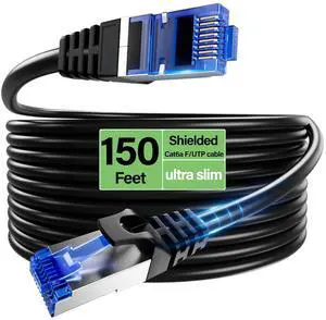 Cat6A Ethernet Cable Shielded 10Gbps 150 ft, Slim Shielded (F/UTP) Ethernet Cable Cat 6, Flexible 28AWG Bare Copper Cat6 Cable, Space-saving Cat 6a Network Cable for Server, Data Center, Black