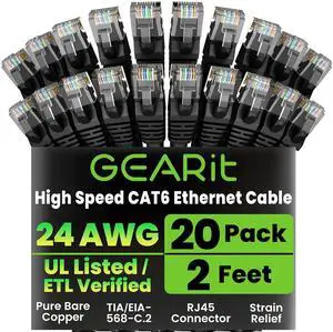 GearIT Cat 6 Ethernet Cable Pack - 20-Pack 2 ft Cat6 Ethernet Patch Cables | RJ45 Network Patch Cable, 10 Gbps Snagless Gold-Plated Connectors - Ethernet Cable Cat 6 for PC, TV, Router - Black