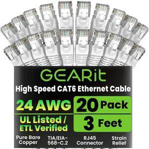 GEARit Cat 6 Ethernet Cable (20-Pack 3 Feet) Cat6 Network Patch, 10Gbps, RJ45, Snagless Cord, Gold-Plated Connectors, Internet for PC, TV, Tablet, Router, Printer, Servers, IT Data Center - White GEARit Cat 6 Ethernet Cable (20-Pack 3 Feet) Cat6 Network Patch, 10Gbps, RJ45, Snagless Cord, Gold-Plated Connectors, Internet for PC, TV, Tablet, Router, Printer, Servers, IT Data Center - White