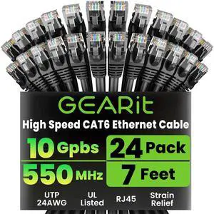 GEARit Cat 6 Ethernet Cable Pack - 24-Pack 7 ft Cat6 Ethernet Patch Cables | RJ45 Network Patch Cable, 10 Gbps Snagless Gold-Plated Connectors - Ethernet Cable Cat 6 for PC, TV, Router - Black