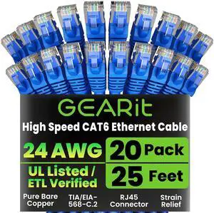 GEARit Cat 6 Ethernet Cable Pack - 20-Pack 25 ft Cat6 Ethernet Patch Cables | RJ45 Network Patch Cable, 10 Gbps Snagless Gold-Plated Connectors - Ethernet Cable Cat 6 for PC, TV, Router - Blue