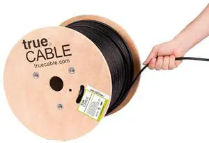 TRUECABLE Cat6 Outdoor Bulk Ethernet Cable with Messenger, Shielded F/UTP, 1000ft, UV Resistant CMX Jacket, Aerial, Black, 23AWG Solid Bare Copper, 550MHz, PoE++ (4PPoE), ETL Listed