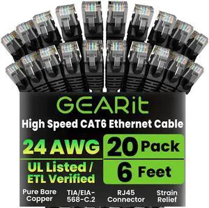 GearIT Cat 6 Ethernet Cable Pack - 20-Pack 6 ft Cat6 Ethernet Patch Cables | RJ45 Network Patch Cable, 10 Gbps Snagless Gold-Plated Connectors - Ethernet Cable Cat 6 for PC, TV, Router - Black