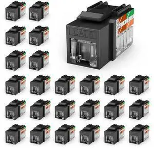 VCELINK RJ45 Cat 6 Keystone Jacks 25-Pack, Dust-Proof Keystone Jacks, 90-Degree Punch Down Ethernet Modular Jacks, UTP Keystone Jack Adapter, Black
