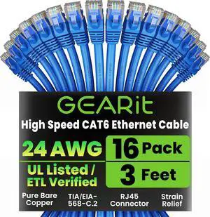 GearIT Cat 6 Ethernet Cable Pack - 16-Pack 3 ft Cat6 Ethernet Patch Cables | RJ45 Network Patch Cable, 10 Gbps Snagless Gold-Plated Connectors - Ethernet Cable Cat 6 for PC, TV, Router - Blue