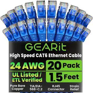 GearIT Cat 6 Ethernet Cable Pack - 20-Pack 1.5 ft Cat6 Ethernet Patch Cables | RJ45 Network Patch Cable, 10 Gbps Snagless Gold-Plated Connectors - Ethernet Cable Cat 6 for PC, TV, Router - Blue