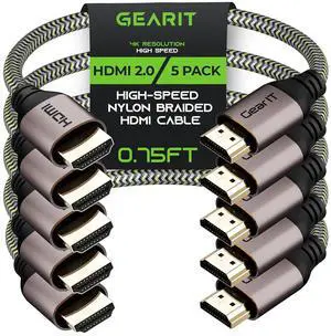 GEARit 4K HDMI Cable, (5-Pack / 0.75ft / 0.22m) High-Speed HDMI 2.0b, 4K 60hz, 3D, ARC, HDCP 2.2, HDR, 18Gbps - Nylon Braided Cord