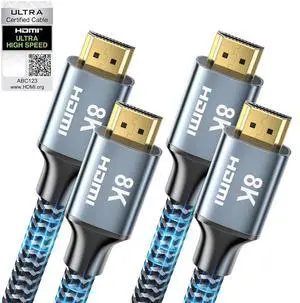 8K HDMI Cable 6 ft 2Pack, 48Gbps High Speed HDMI 2.1 Cable, Braided HDMI Cable 2.1 8K 60Hz 4K 120Hz Support for HDR eARC HDCP 2.2/2.3, HDMI Cord Compatible with HDTV, Laptop, Monitor, PC