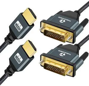 4K HDMI to DVI Cable 6.6FT 2Pack, Gold-Plated & Braided DVI to HDMI Adapter Cable Bi-Directional for Projector, Laptop, TV, PC, DVD Player