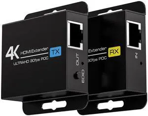 4K HDMI Extender Over CAT6/7 4K30Hz Upto 131ft/40m 1080P Upto 196ft/60m HDMI Balun Over Single Ethernet Support EDID and POC (Power Only Supplied to The TX End)