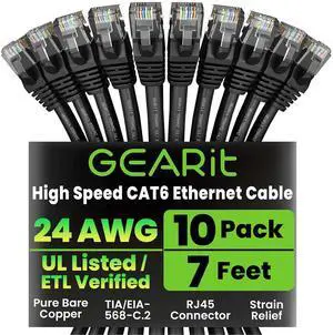 GEARit Cat 6 Ethernet Cable Pack - 10-Pack 7 ft Cat6 Ethernet Patch Cables | RJ45 Network Patch Cable, 10 Gbps Snagless Gold-Plated Connectors - Ethernet Cable Cat 6 for PC, TV, Router - Black