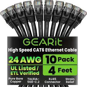 GearIT Cat 6 Ethernet Cable Pack - 10-Pack 4 ft Cat6 Ethernet Patch Cables | RJ45 Network Patch Cable, 10 Gbps Snagless Gold-Plated Connectors - Ethernet Cable Cat 6 for PC, TV, Router - Black