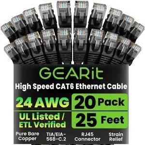 GEARit Cat 6 Ethernet Cable Pack - 20-Pack 25 ft Cat6 Ethernet Patch Cables | RJ45 Network Patch Cable, 10 Gbps Snagless Gold-Plated Connectors - Ethernet Cable Cat 6 for PC, TV, Router - Black