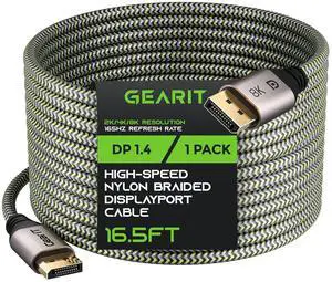 GEARit DisplayPort to DisplayPort Cable 1.4 (8K@60Hz, 4K@144Hz, 2K@165Hz), 16.5 Feet, 1 Pack