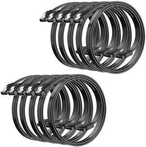 SATA Cable III 18 Inch (10-Pack), 7-Pin Straight Angle Connector, 6Gbps SATA Data Cord with Locking Latch, Compatible with HDD, SDD, CD Driver, CD Writer, Black Cable