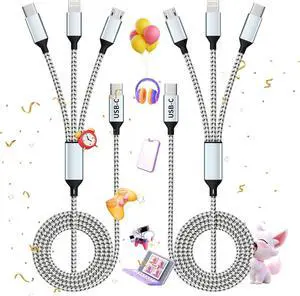 USB C Multi Charging Cable, (2 Pack 4FT), 3 in 1 Charging Cable Nylon Braided Universal Charger Cable with Type-C, Micro USB,IP Port for iPhone16/15 Series/Cell Phones & Pads and Other Devices