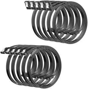 SATA Cable III 18 Inch (10-Pack), 7-Pin Right Angle and Straight Angle Connector, 6Gbps SATA Data Cord with Locking Latch, Compatible with HDD, SDD, CD Driver, CD Writer, Black Cable