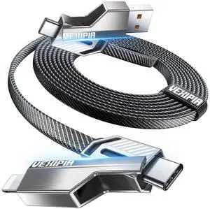 [Upgraded] Vexipia 4-in-1 Long USB C Cable 45W 10FT Lightning Cable Fast Charging Flat Nylon Braided for iPhone iPad Charger Cord[480Mbps Data Sync] Multi Charge Combo with Lightning/Type C/USB A Port