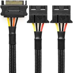 CRJ 12-inch (30cm) SATA to Dual Molex Power Adapter Cable - Black Sleeved, Power Two Peripheral Devices with a 15-Pin SATA Connection CRJ 12-inch (30cm) SATA to Dual Molex Power Adapter Cable - Black Sleeved, Power Two Peripheral Devices with a 15-Pin SATA Connection