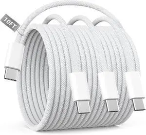 USB C to USB C Cable 10FT, 2 Pack 60W Long USB C to USB C Charging Cable Nylon Braided Type C Charger Cable Cord for iPhone 16/16 Plus/16 Pro/16 Pro Max/15/15 Plus/15 Pro/15 Pro Max, iPad Pro, White USB C to USB C Cable 10FT, 2 Pack 60W Long USB C to USB C Charging Cable Nylon Braided Type C Charger Cable Cord for iPhone 16/16 Plus/16 Pro/16 Pro Max/15/15 Plus/15 Pro/15 Pro Max, iPad Pro, White