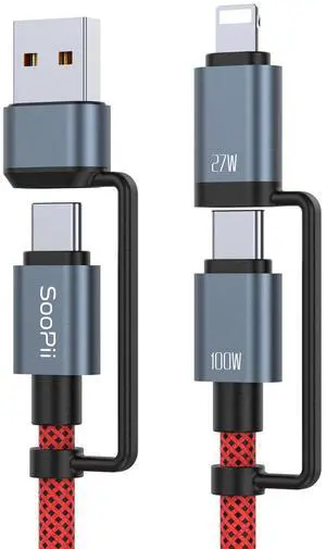 SOOPII 100W 6.6FT Multi USB C Charging Cable,4 in 1 C/A to C/IP Fast Charger Cable,PD 5A Nylon Braided Multiple Charging Cord for Phones,Tablets,Laptops and More (Red)