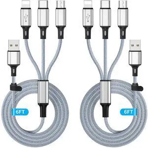 Multi Charging Cable, Multi 3 in 1 iPhone Charging Cable, Lightning/Type-C/Micro USB Universal Port Adapter,1.8M/6FT Long Nylon Braided Phone Charger Cable Adapter for Android/iPhone 15/Samsung-2Pack