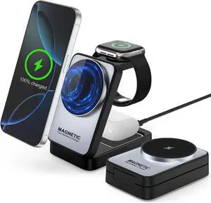 3 in 1 Wireless Charging Station for Apple Devices,Portable Foldable Magnetic Multiple Fast Charger Stand,Wireless Charger MagSafe for iPhone 17 16 15 14 13 12 11 Pro Max Air Plus/Apple Watch/Airpods