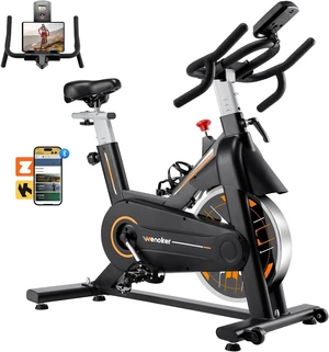Exercise Bike, Wenoker Stationary Bike for Home, App Supported Indoor Bike with Adjustable Seat and Multi-grips Handlebar, Transport Wheels and Fitness Courses Exercise Bike, Wenoker Stationary Bike for Home, App Supported Indoor Bike with Adjustable Seat and Multi-grips Handlebar, Transport Wheels and Fitness Courses