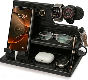 TESLYAR Wood Phone Docking Station for Men - Desk or Nightstand Organizer - Birthday Gifts for Husband, Dad - Anniversary Idea from Wife - Key Holder, Stand Wallet, Watch & Essentials (Granite Black) TESLYAR Wood Phone Docking Station for Men - Desk or Nightstand Organizer - Birthday Gifts for Husband, Dad - Anniversary Idea from Wife - Key Holder, Stand Wallet, Watch & Essentials (Granite Black)