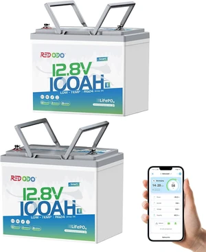 Redodo 12V 100Ah LiFePO4 Bluetooth Group 24 Battery for Marine, RVs -2 Pack Redodo 12V 100Ah LiFePO4 Bluetooth Group 24 Battery for Marine, RVs -2 Pack