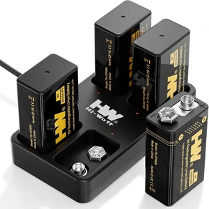 HW 9V Rechargeable Batteries 3600mWh Lithium 4 Pack with 4-Slot Charger HW 9V Rechargeable Batteries 3600mWh Lithium 4 Pack with 4-Slot Charger