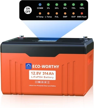 ECO-WORTHY 12V 314AH LiFePO4 Lithium Battery Bluetooth with SOC LEDs, Low Temp Protection, 4019WH, 200A BMS Up to 15000 Deep Cycle for Off-Grid, RV, Solar Power System, HomeBackup ECO-WORTHY 12V 314AH LiFePO4 Lithium Battery Bluetooth with SOC LEDs, Low Temp Protection, 4019WH, 200A BMS Up to 15000 Deep Cycle for Off-Grid, RV, Solar Power System, HomeBackup