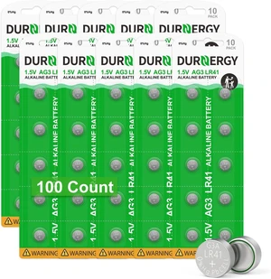 DURNERGY LR41 Batteries 100 Pack, 384 392 Watch Battery 1.5 Volt Alkaline Batteries, AG3 Button Cell Battery, LR41 Button Batteries Bulk Pack DURNERGY LR41 Batteries 100 Pack, 384 392 Watch Battery 1.5 Volt Alkaline Batteries, AG3 Button Cell Battery, LR41 Button Batteries Bulk Pack