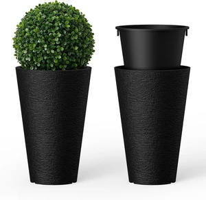 Kante Set of 2 Black Tapered Planters, 13" Tall with Removable Inner Pots Kante Set of 2 Black Tapered Planters, 13" Tall with Removable Inner Pots